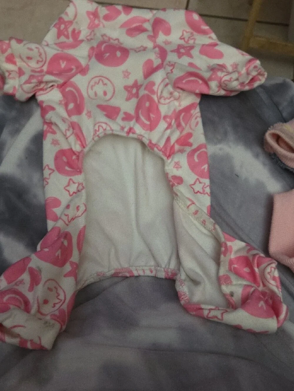 Pink Smiley Print Dog Romper & Plush Polka Dot Sweater Jamamas Small